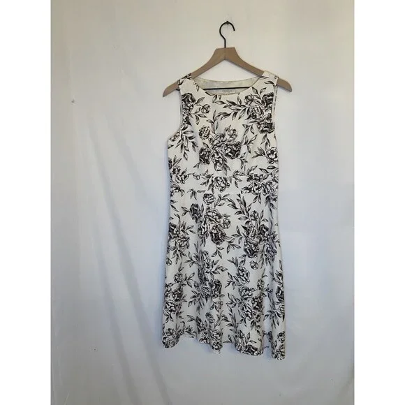 Ann Taylor Brown Ivory Floral Linen Dress Size 8 - Picture 1 of 3
